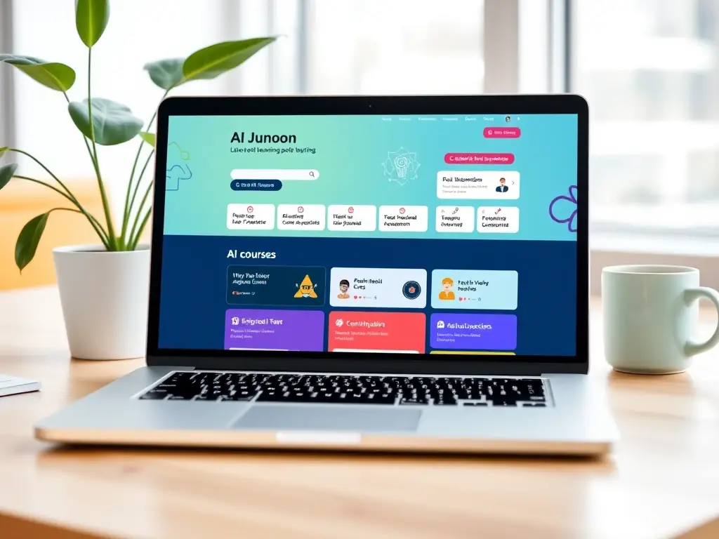 A visually appealing screenshot of the AI Junoon online learning platform, showcasing a variety of AI courses and learning resources. The interface is user-friendly and inviting.