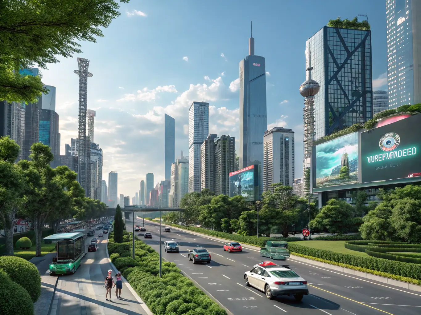 A futuristic cityscape with AI-powered technologies seamlessly integrated into daily life, symbolizing the transformative potential of AI solutions.