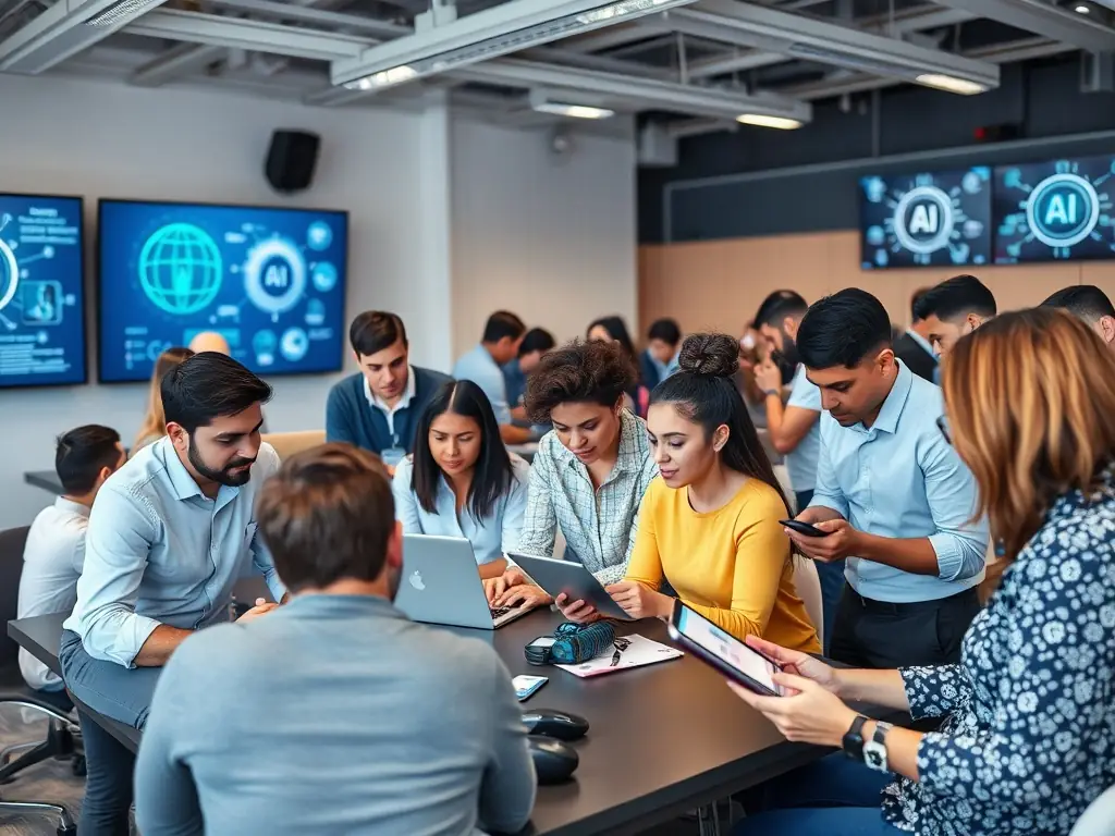 A vibrant and engaging AI Learning Workshop in progress, featuring diverse participants actively collaborating on an AI project. The atmosphere is energetic and filled with enthusiasm for learning.