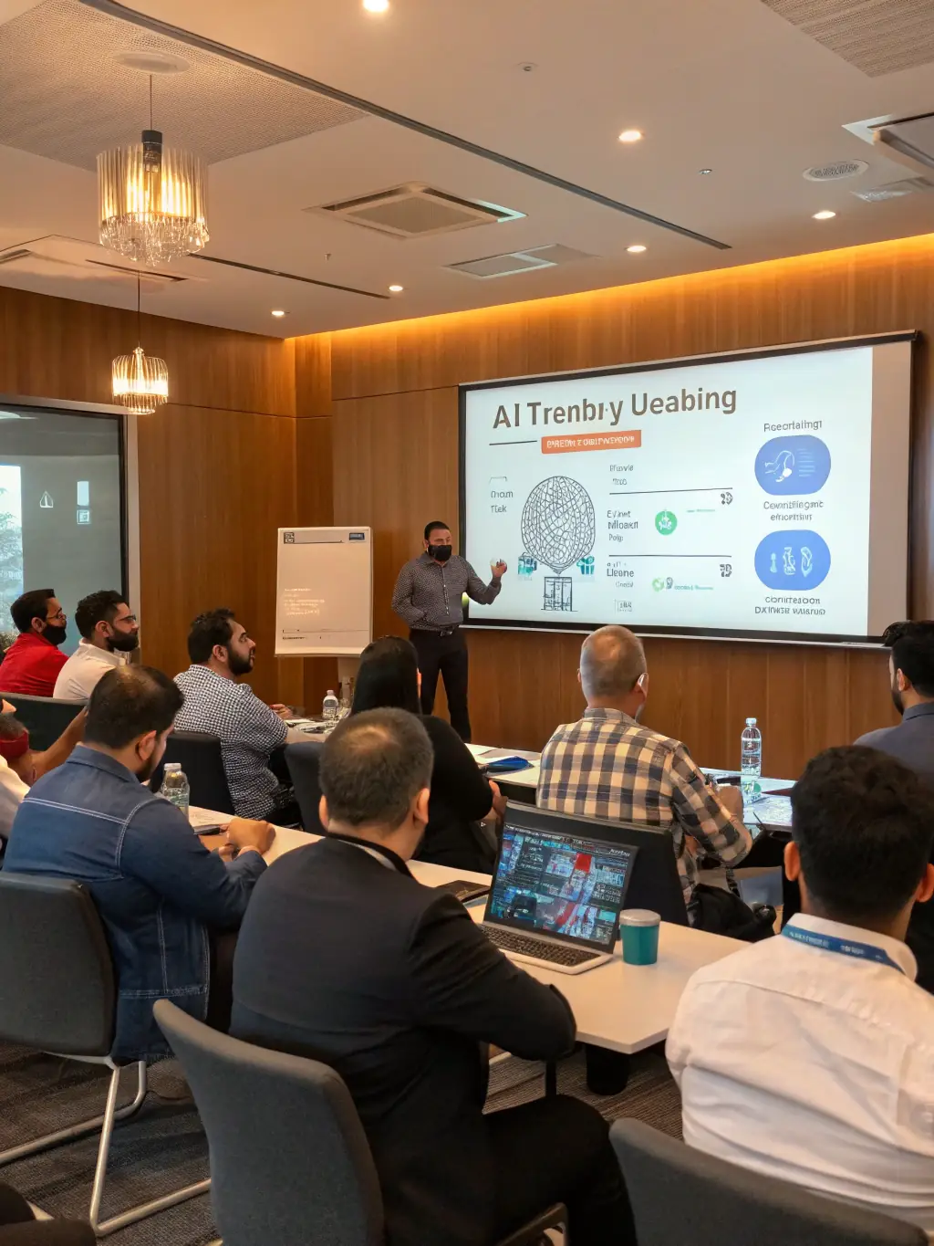 An image representing AI Learning Workshops, showing people actively participating in a workshop, interacting with AI tools, and collaborating on projects.